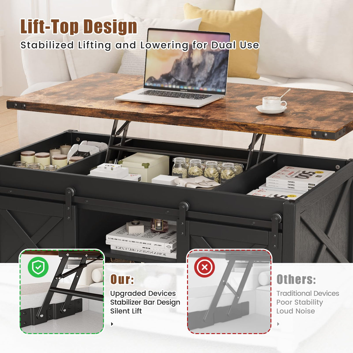 ALLSTAND 48" Farmhouse Lift Top Coffee Table with Storage Sliding Barn Door & Large Hidden Compartment, Coffee Table with Lifting Top with Wooden Lift Tabletop, Coffee Tables for Living Room, Black ALLSTAND