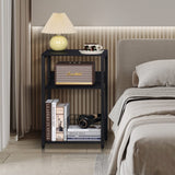 LELELINKY Black End Table, Small Side Table with Metal Frame,Modern Record Player Stand with Storage Shelf, Wood 3 Tier Sofa Bedside Tables, Narrow Nightstand for Living Room Bedroom Office LELELINKY