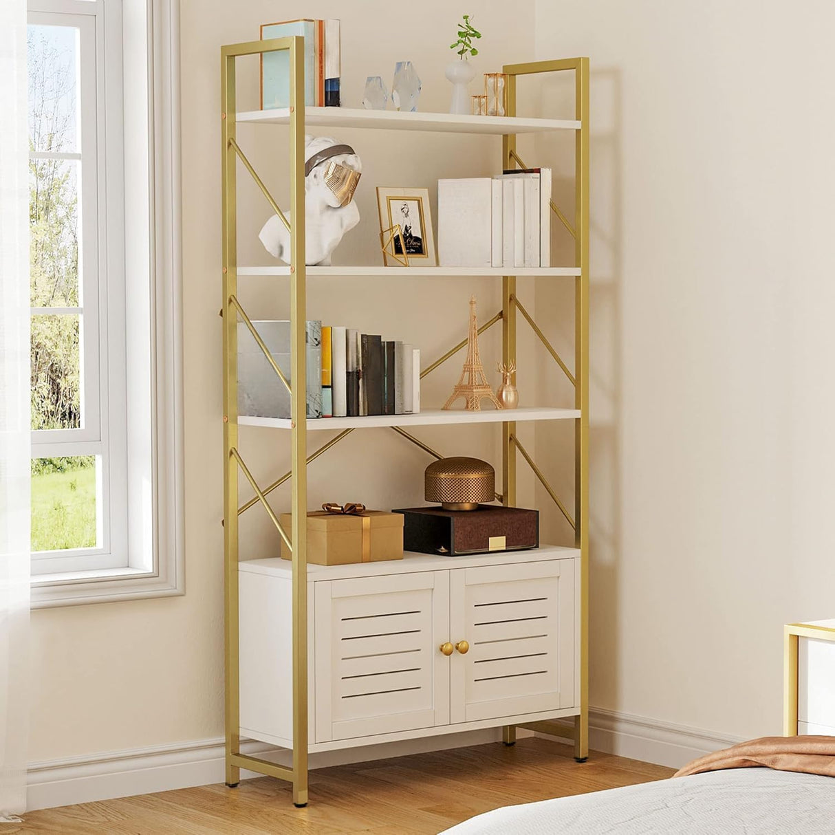 YITAHOME Bookshelf with Storage Cabinet, Modern Bookcase Standing 5 Tiers Book Shelves Display Rack with Doors for Bedroom Living Room Office, White Gold YITAHOME