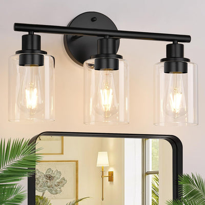 Zarbitta 3-Light Bathroom Light Fixtures, Black Modern Vanity Lights with Clear Glass Shade, Bathroom Wall Lamp for Mirror Kitchen Living Room Hallway Cabinet Porch