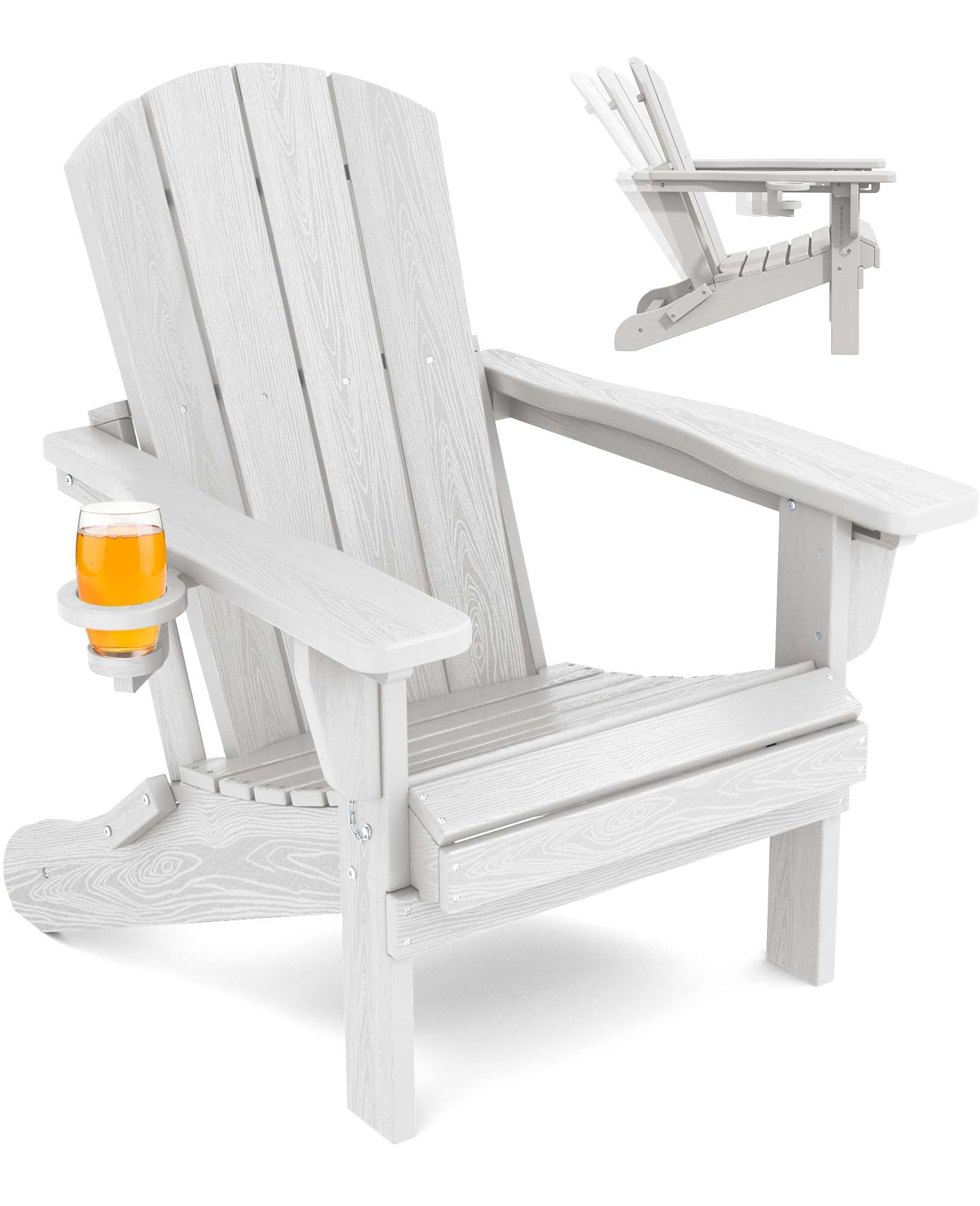 SERWALL Folding Adirondack Chair, Reclining Adirondack chair with Cup Holder, Adjustable Adirondack Chair with 3 Recline Positions, All Weather HDPE Outdoor Adirondack, White - WoodArtSupply