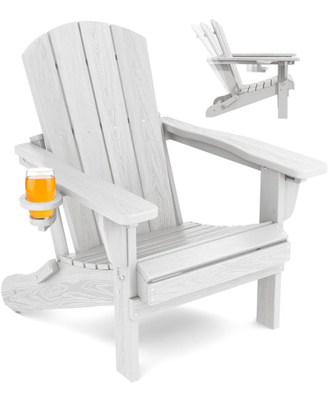 SERWALL Folding Adirondack Chair, Reclining Adirondack chair with Cup Holder, Adjustable Adirondack Chair with 3 Recline Positions, All Weather HDPE Outdoor Adirondack, White SERWALL