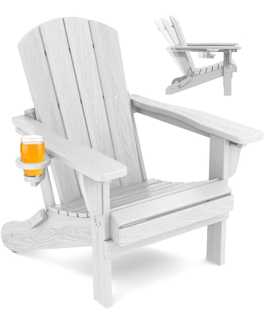 SERWALL Folding Adirondack Chair, Reclining Adirondack chair with Cup Holder, Adjustable Adirondack Chair with 3 Recline Positions, All Weather HDPE Outdoor Adirondack, White - WoodArtSupply