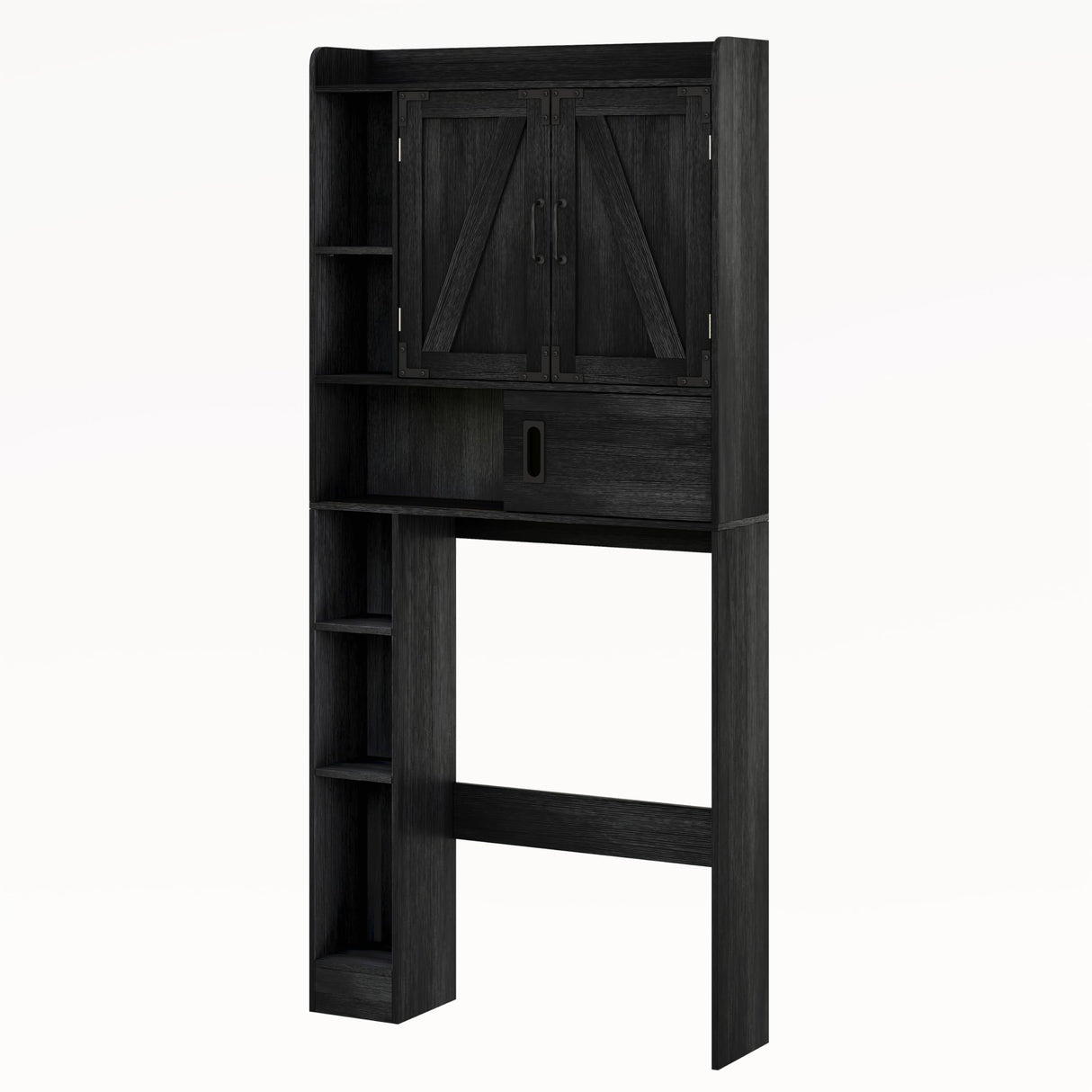 ChooChoo Over The Toilet Storage Cabinet, Farmhouse Bathroom Storage Cabinet with Barn Doors, Sliding Drawer, Adjustable Shelves, Space-Saving, Black ChooChoo