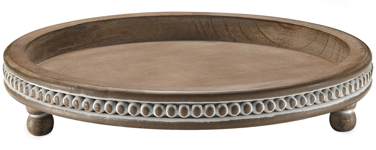 Handmade Wooden Serving Tray, Small Beaded Coffee Table Tray Decor, Warm Brown Round Decorative Tray for Coffee Table, Dining Room Table Entryway and Living Room Table KULEDM