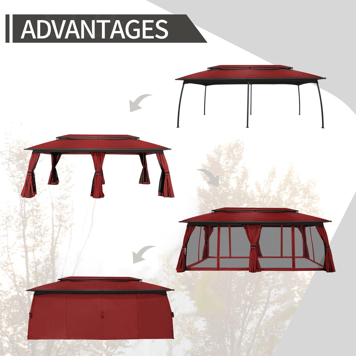 Gardenbee 10x20 ft Patio Gazebo, Double Tier Gazebo with Side Mesh Curtains, Patio Canopy with Metal Steel Frame Suitable for Lawn, Backyard and Party, Red - WoodArtSupply