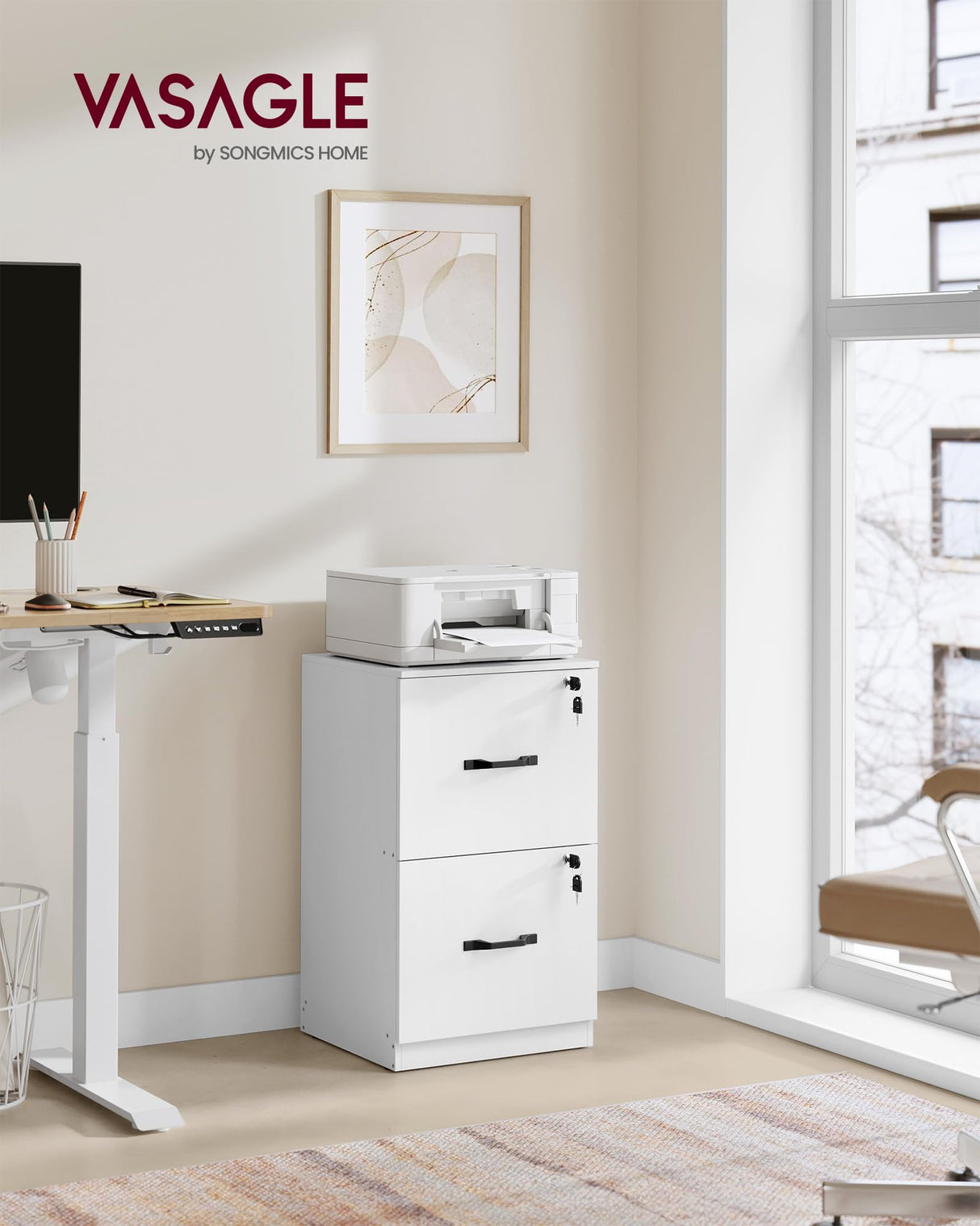 VASAGLE 2 Drawer File Cabinet, File Cabinet with Lock, Printer Stand, Office Filing Cabinet Organizer, for A4 and Letter Size Files, Cloud White UOFC061W14 VASAGLE