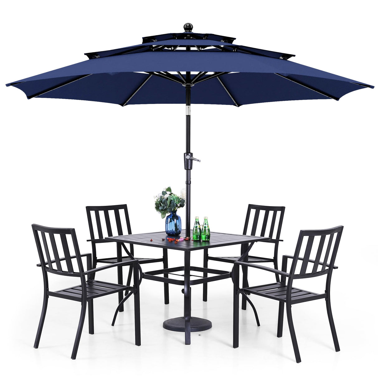 PHI VILLA 5 Piece Outdoor Dining Set with 10ft Umbrella, 37" Square Metal Dining Table & 4 Stacking Metal Chair with 3 Tier Navy Umbrella for Patio, Deck, Yard, Porch PHI VILLA