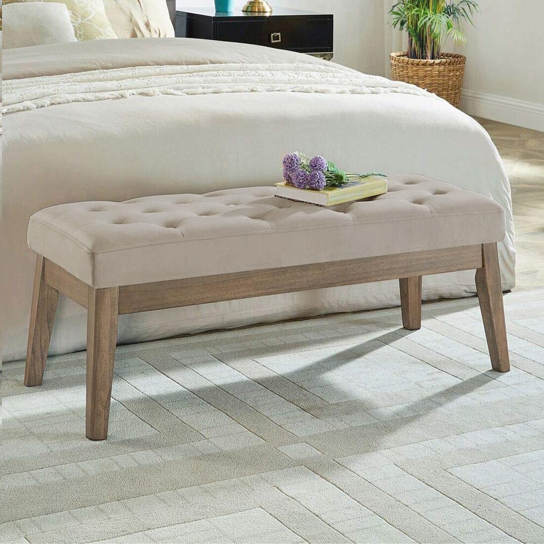 24KF Velvet Upholstered Tufted Bench with Solid Wood Leg,Ottoman with Padded Seat-Taupe