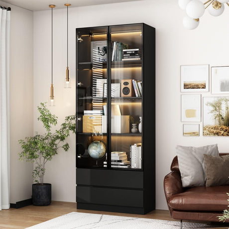 FAMAPY Display Cabinet with 2 Glass Doors and Lights, Display Case Cabinet with 4-Tier Storage Shelves and 2 Drawers, Pop-up Design, for Collectibles, Black (31.5”W x 14.2”D x 78.7”H) FAMAPY