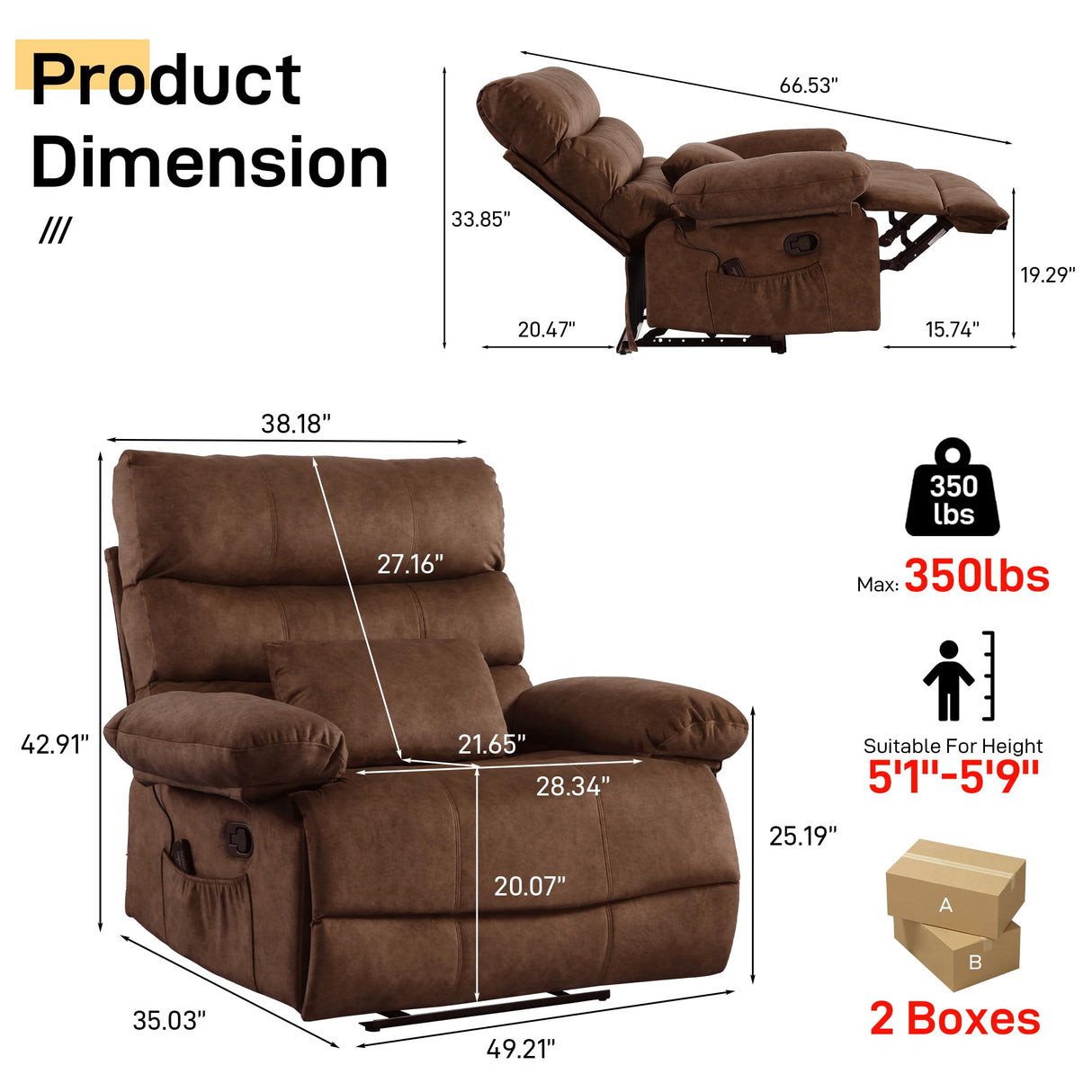 HOMYEDAMIC Oversized Recliner Chair, Plus Size 28 inch Large Wide Seat Manual Flannel Recliner with Pockets, Lumber Pillow 350 lb Capacity for Living Room Adults HOMYEDAMIC