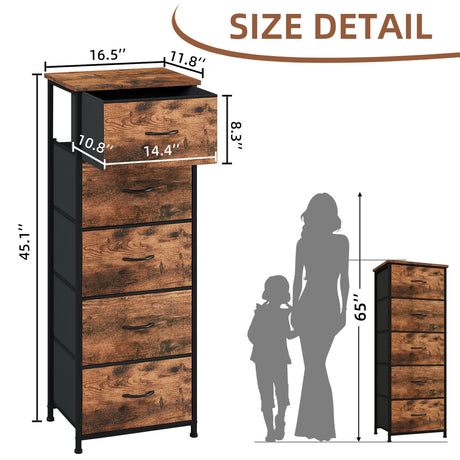 Somdot Tall Dresser for Bedroom with 5 Drawers, Storage Organizer Chest of Drawers with Removable Fabric Bins for Closet Bedside Living Room Laundry Entryway Hallway, Wood Grain Print Somdot