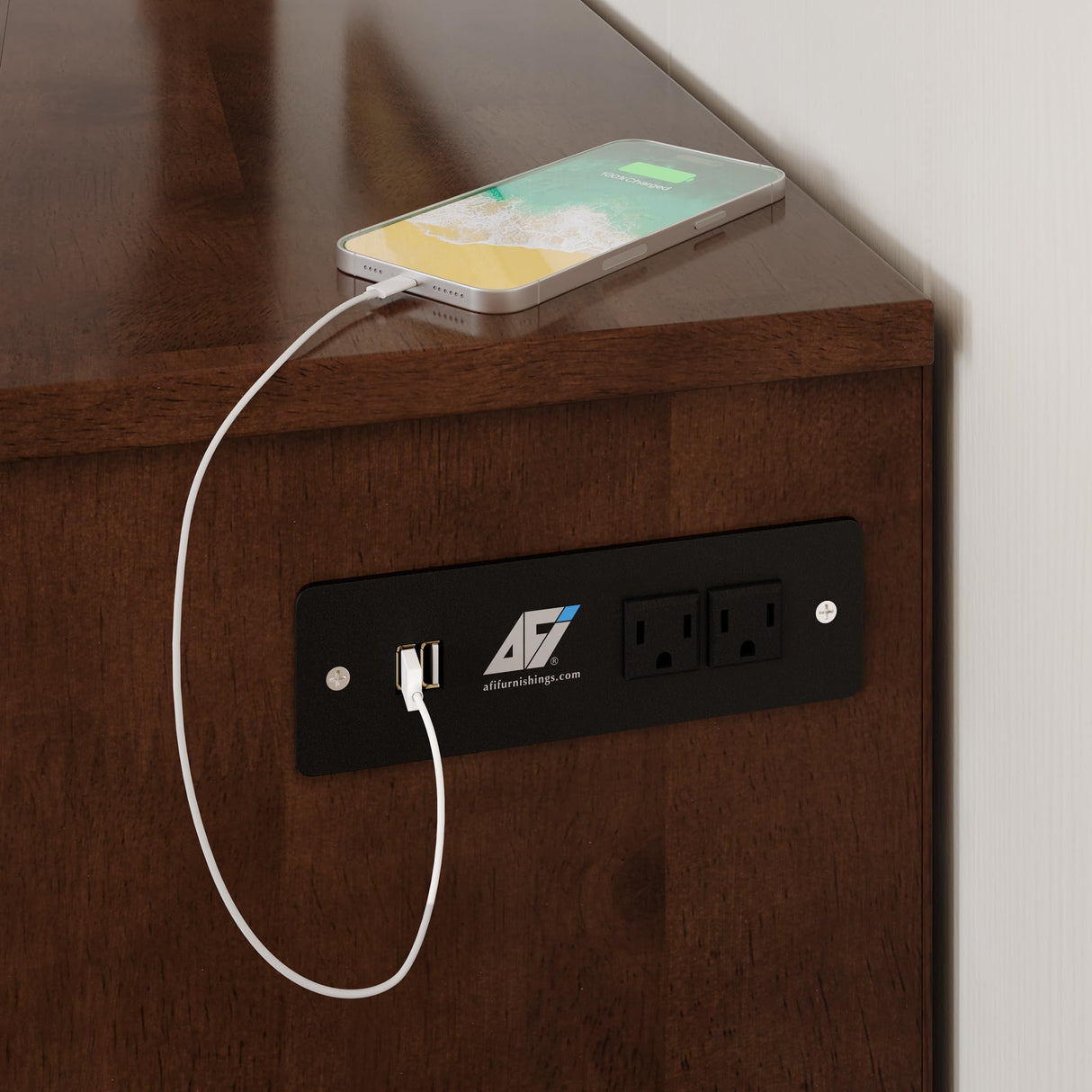 AFI, Marion Queen Wood Murphy Bed Chest with 6" Mattress, Storage Drawer, & Built-in Charger, Walnut AFI