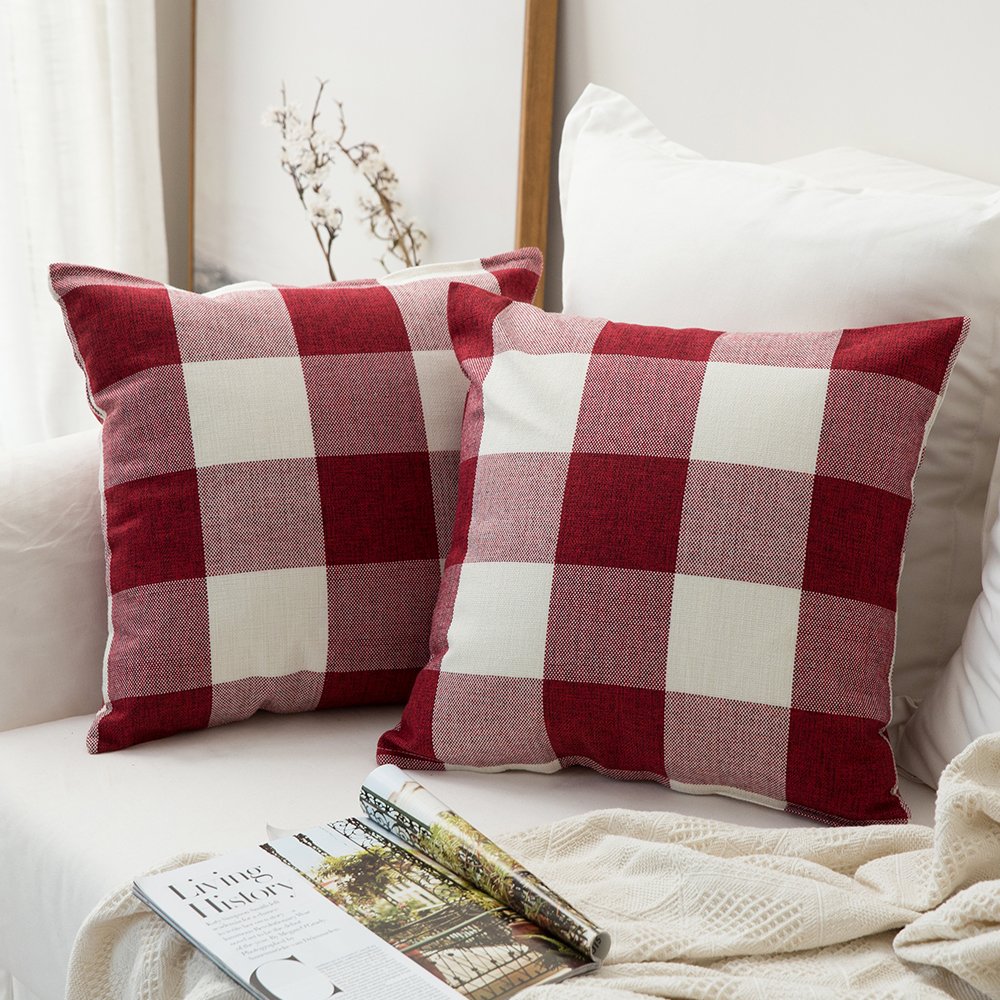 MIULEE Pack of 2 Christmas Classic Farmhouse Buffalo Check Plaids Linen Soft Soild Decorative Square Porch Throw Pillow Covers Home Decor Cushion Case for Sofa Bedroom 18x18 Inch, White and Red MIULEE