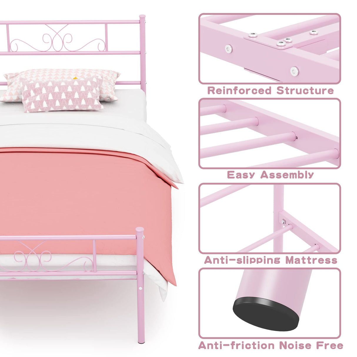 Weehom Platform Steel Bed Frame with 6 Legs Mattress Foundation Heavy Duty Bed Steel Slat Support Easy Assemble Kids Adults(Twin Size),Pink Weehom