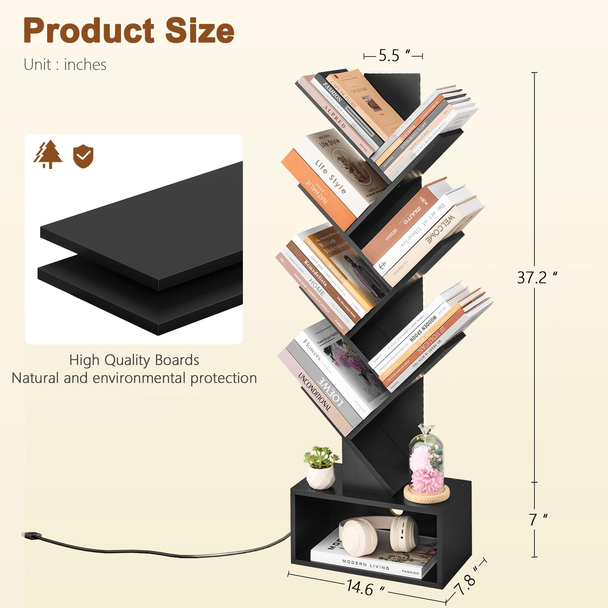 Hoctieon 6 Tier Tree Bookshelf, Tall Bookcase with Drawer, Freestanding Book Shelf with LED Lights, Display Floor Standing Storage Shelf, Book Organizer Shelves for Home Office, Living Room, Black Hoctieon