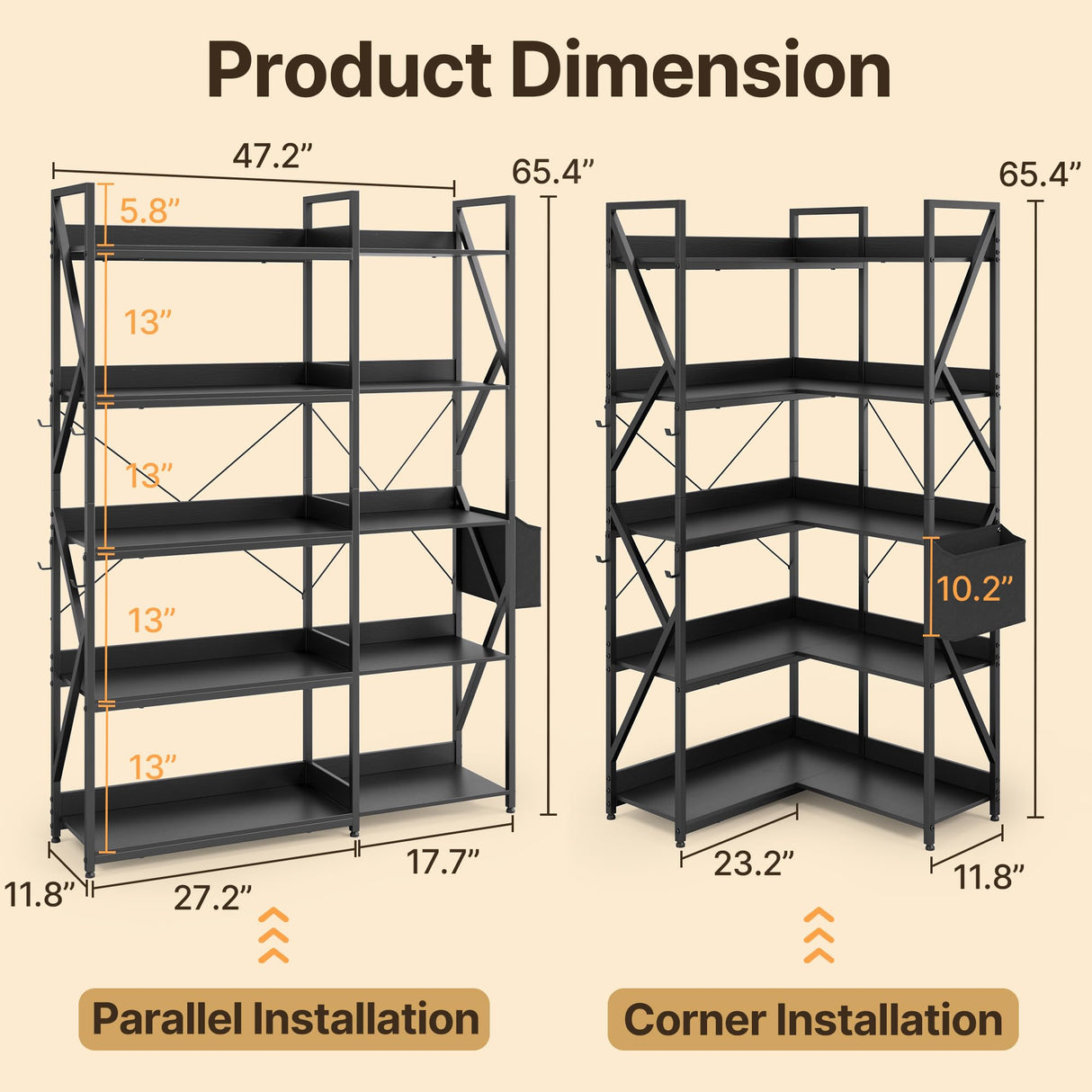 Gizoon 5 Tier Industrial Bookshelf, 65" H Reversible Corner Bookshelf, Bookcase, Freestanding Display Shelf, with 4 Hooks, a Storage Basket, Metal Frame, for Living Room, Kitchen, Office, Black Gizoon