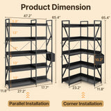 Gizoon 5 Tier Industrial Bookshelf, 65" H Reversible Corner Bookshelf, Bookcase, Freestanding Display Shelf, with 4 Hooks, a Storage Basket, Metal Frame, for Living Room, Kitchen, Office, Black Gizoon