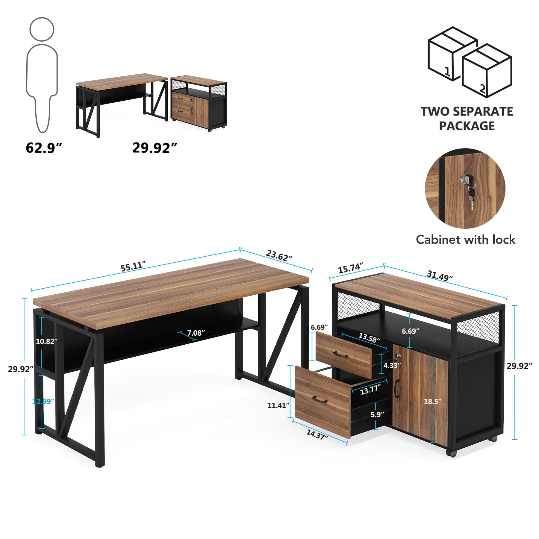 LITTLE TREE 55" Executive Computer Desk and lateral File Cabinet, L Shaped Office Desk for Home Office,Set Furniture,Walnut - WoodArtSupply