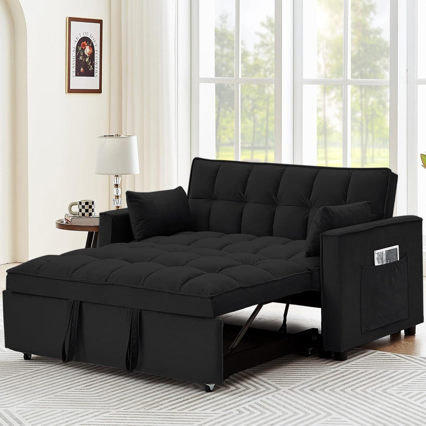 Suheww Sofa Bed, 3 in 1 Black Loveseat Sleeper Sofa for Living Room, 2 Seater Pull Out Sofa Cama Small Couch Bed Futon Lounge Sofa for Bedroom Small Spaces Living Room