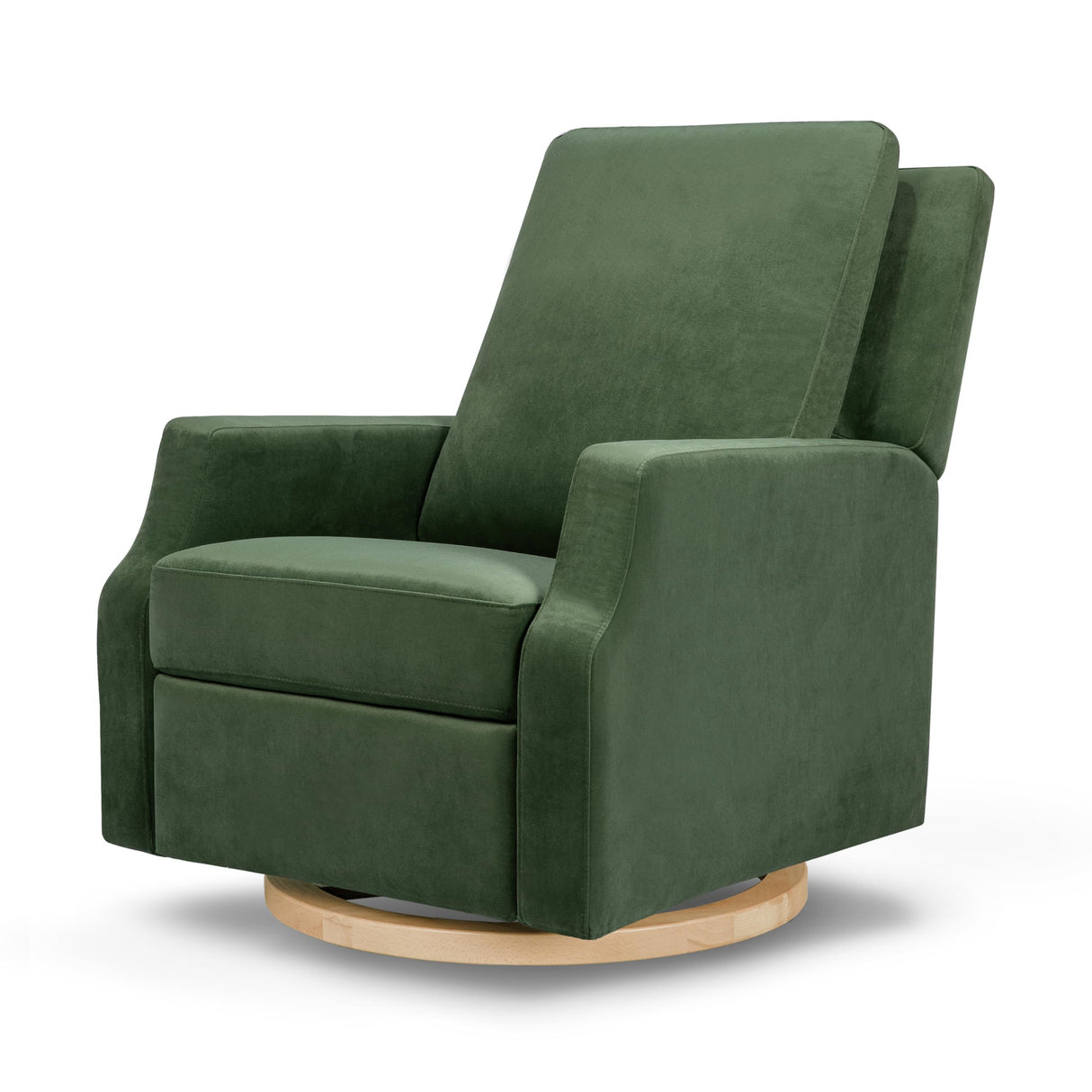 NAMESAKE Crewe Recliner and Swivel Glider in Forest Green Velvet with Light Wood Base, Greenguard Gold Certified NAMESAKE