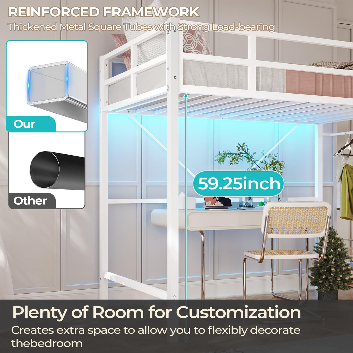 DICTAC Loft Bed Twin Size with Led Lights Heavy Duty Metal Junior Twin Loft Bed Frame with Full-Length Guardrail and Ladder, Noise-Free, Space-Saving, No Box Spring Needed, White DICTAC