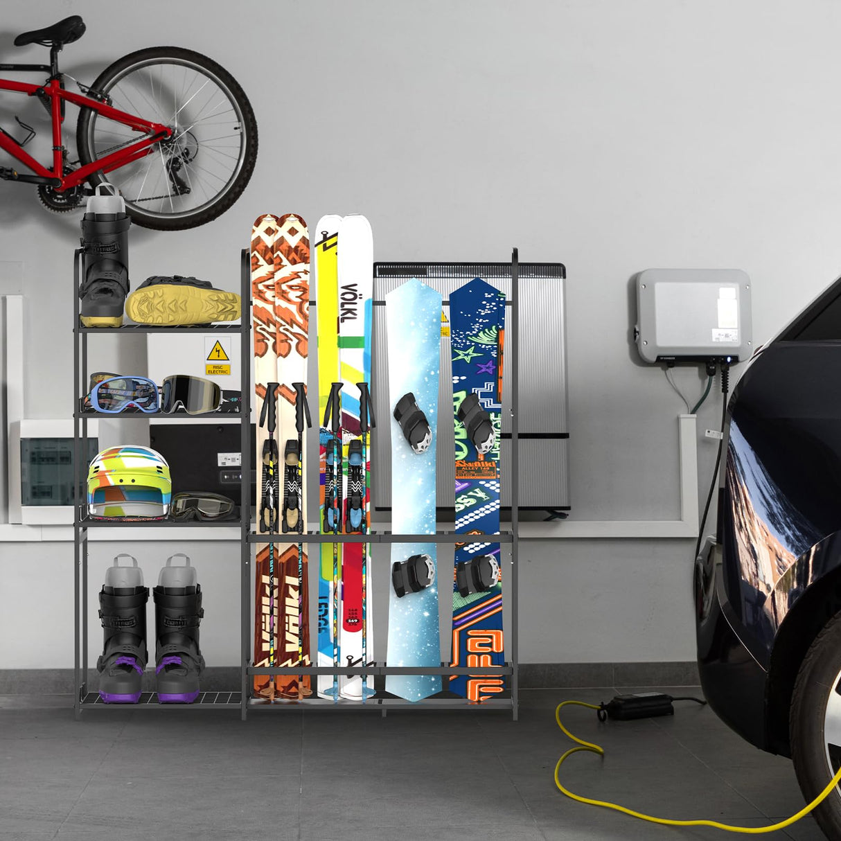 Freestanding Ski Rack for Garage - Stores 4 Pairs of Skis, Adjustable Ski Boot Holder, Organizes Skis, Boots, Poles, Goggles, Helmets & Gear, Ideal for Garage, Shed, Basement, Ski Enthusiasts KANEODOT