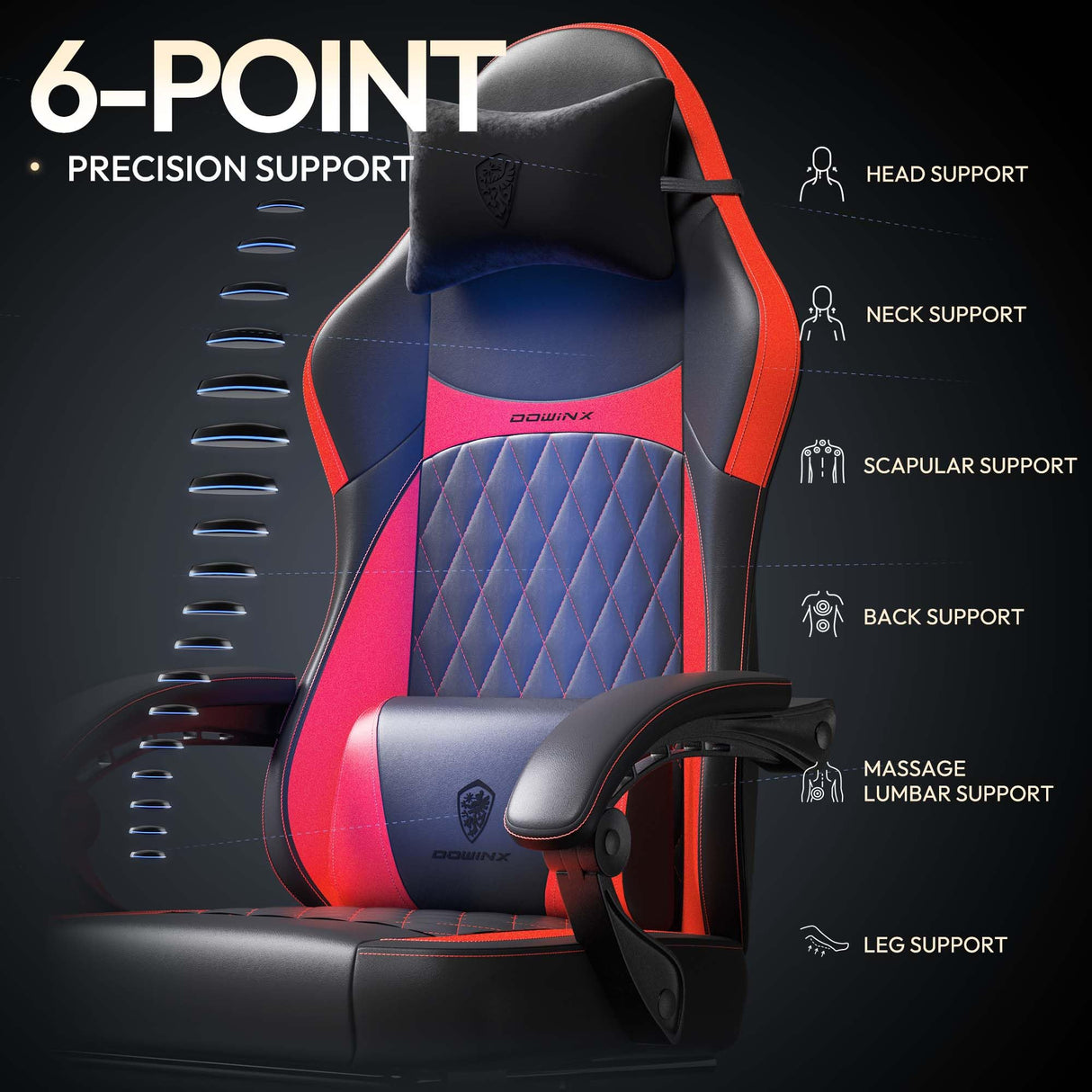 Dowinx Gaming Chair with Pocket Spring Cushion, Ergonomic Computer Chair with Massage Lumbar and Footrest for Adults, High Back Game Chair Leather for Office Gaming 300LBS, Red New Dowinx