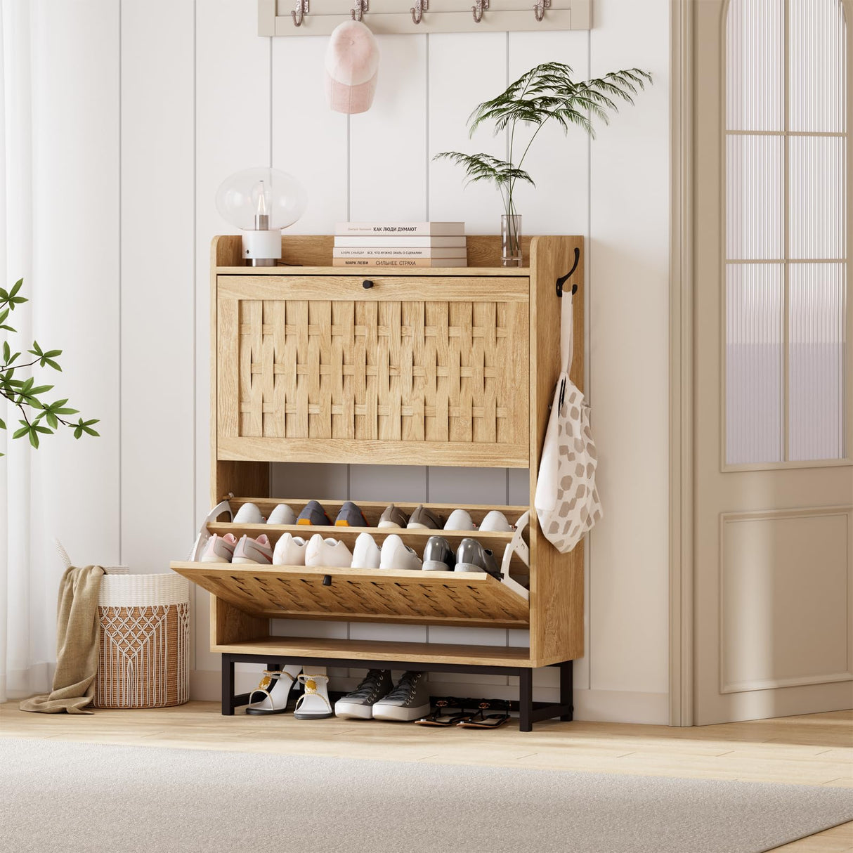 Aingli Shoe Cabinet Shoes Storage Cabinet Narrow Shoe Rack Cabinet Breathable MDF Shoe Cabinet Freestanding Organizer with 2 Flip Drawers Metal Legs for Entryway Aingli