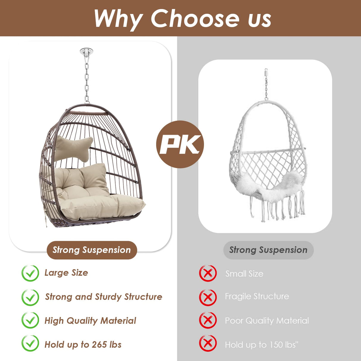 RADIATA Egg Chair Without Stand Luxury Outdoor Patio Wicker Hanging Swing Egg Chairs with Water Resistant Cushions for Patio Backyard Balcony (Brown) RADIATA