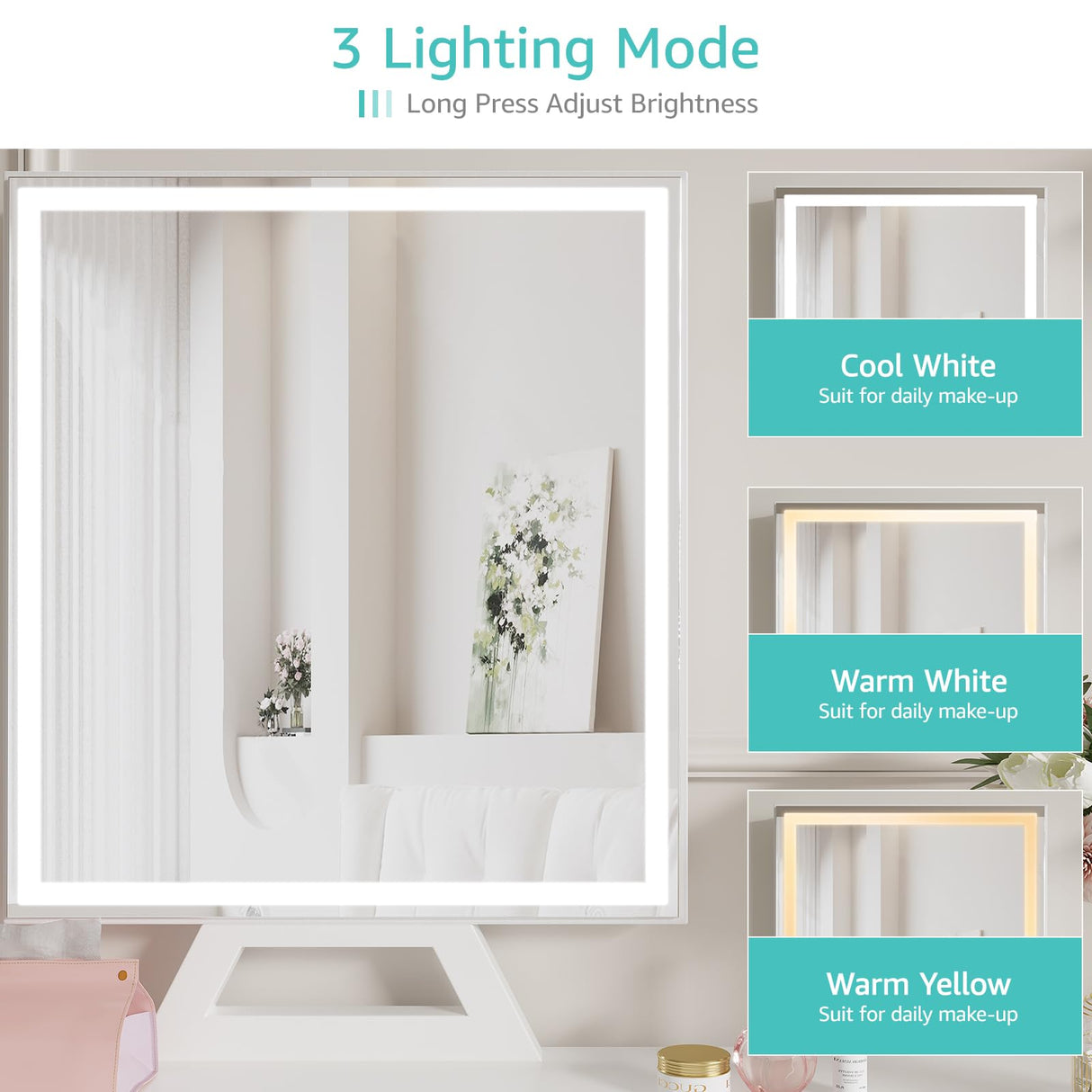 KAI-ROAD White Makeup Vanity Desk with Mirror and Lights, 40 inch Girls Vanity Set with Chair, Make Up Dresser Table with Drawers and Power Outlet for Bedroom Small Space KAI-ROAD