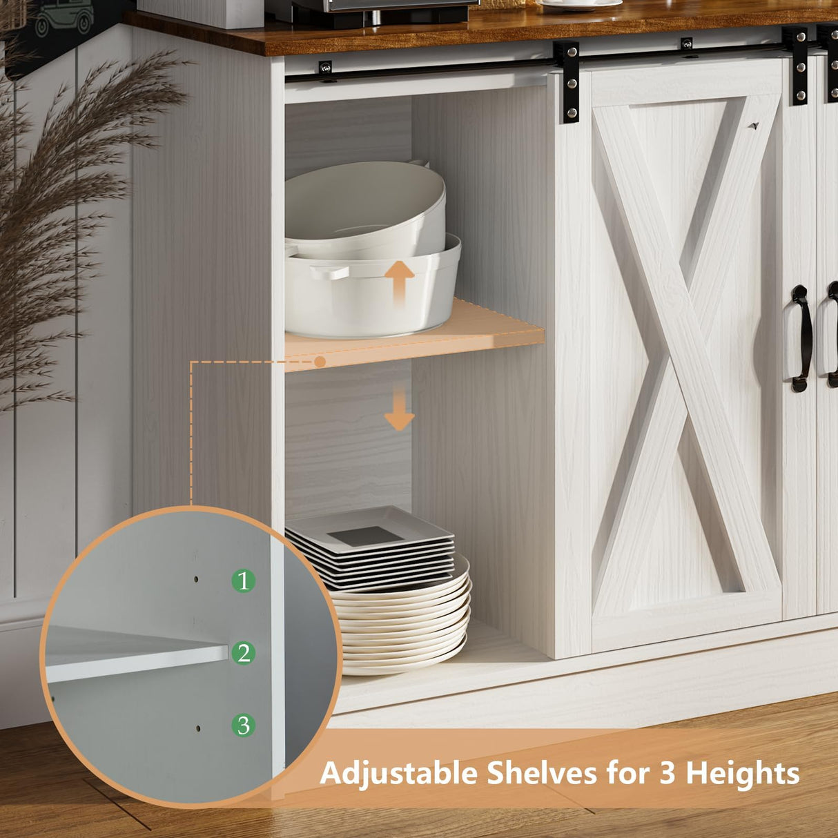 4ever2buy Farmhouse Coffee Bar Cabinet with Hutch, 72'' White Hutch Cabinet with 2 Glass Doors, Tall Wine Bar Cabinet with 9 Wine Racks, Coffee Bar Hutch with Storage for Living Room 4ever2buy