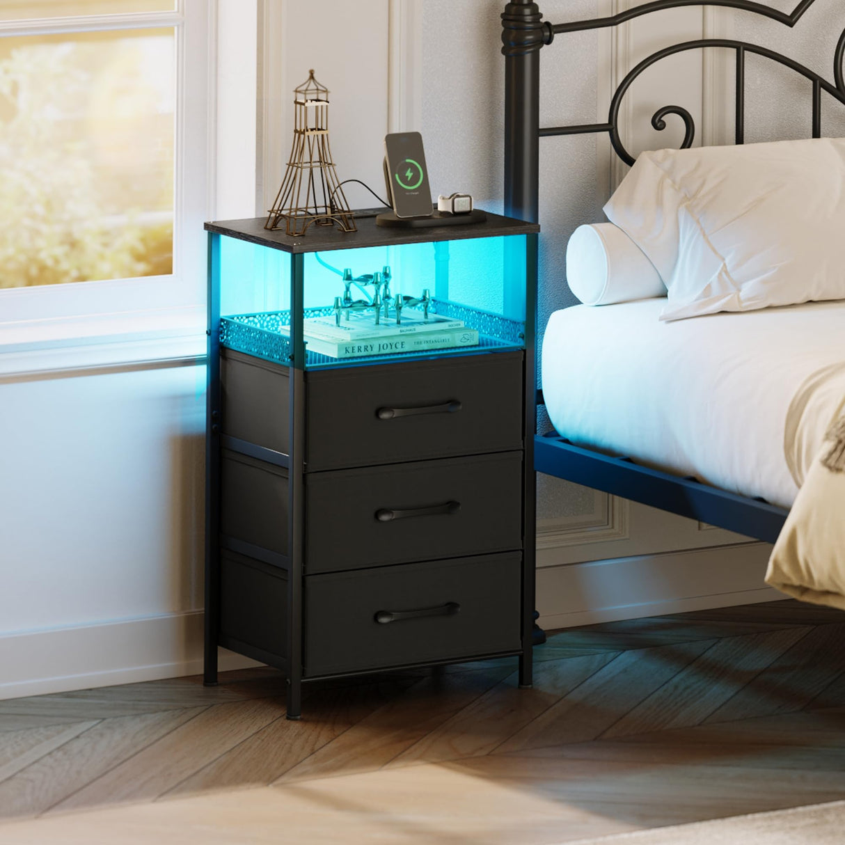 JARHETUN Night Stand Set 2 with Charging Station, 3 Drawer Nightstands with LED Lights, End Table with Outlets and USB Ports, Side Table with Open Shelf, Bedside Tables for Bedroom, Black JARHETUN