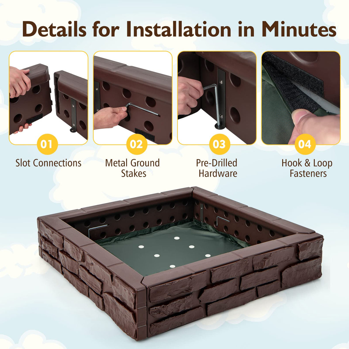 Costzon Kids Sandbox with Cover, 47"x 47" HDPE Sand Box w/Oxford Cover, Bottom Liner, Reinforced Structure, Weather Resistant Outdoor Sand Pit for Backyard Lawn Garden Beach (Brown) Costzon