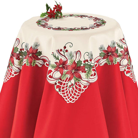 Pretty Poinsettia & Berries Christmas Table Linens, Square Collections Etc