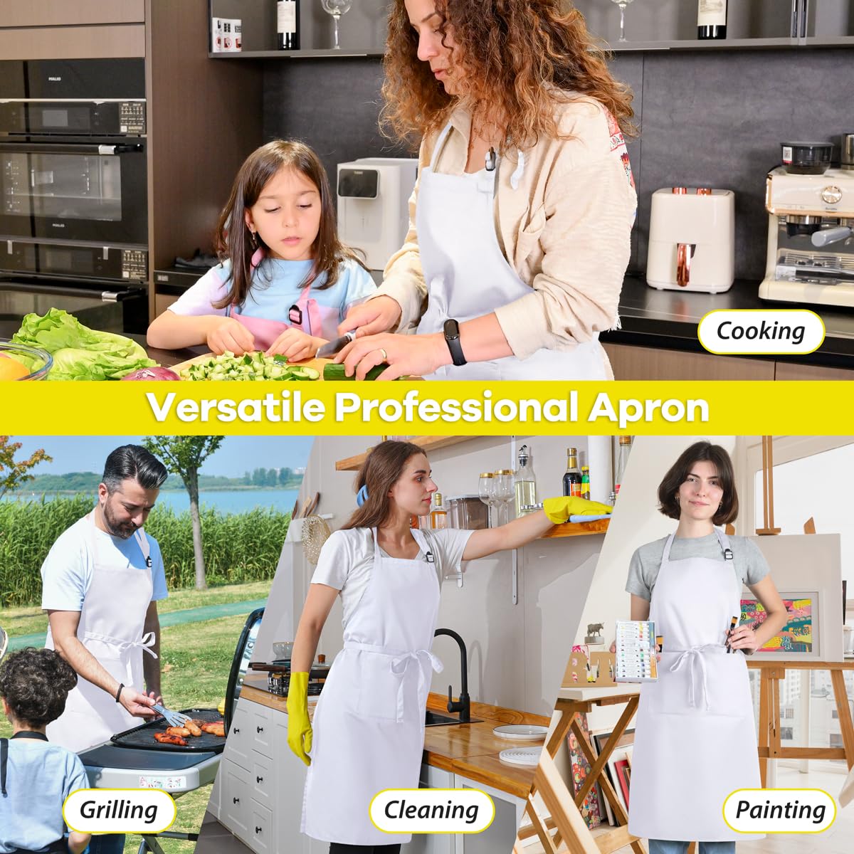 ROTANET Extra Large Aprons for Men Adjustable Bib Aprons with 2 Pockets Cooking Kitchen Bbq Grilling Big Apron for Women Chef Water & Oil Resistant White