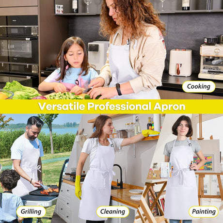 ROTANET Extra Large Aprons for Men Adjustable Bib Aprons with 2 Pockets Cooking Kitchen Bbq Grilling Big Apron for Women Chef Water & Oil Resistant White ROTANET