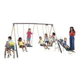 XDP Recreation Crestview Outdoor Play Kids Metal Backyard Playset Swing Set with 2 Swings, Slide, Stand N Swing, Fun Glider, and See Saw, Green/Tan XDP RECREATION