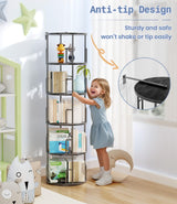 5 Tier Rotating Bookshelf Tower Round Black,62”Tall Standing Spinning Bookshelf Tower Anti-Tipping Design,Metal & Wood Revolving Bookcase Stackable Space Saving for Small Spaces,Study,Living Room Amzeth