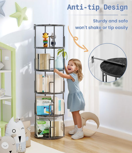 5 Tier Rotating Bookshelf Tower Round Black,62”Tall Standing Spinning Bookshelf Tower Anti-Tipping Design,Metal & Wood Revolving Bookcase Stackable Space Saving for Small Spaces,Study,Living Room Amzeth