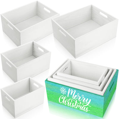 Set of 4 Large Wood Storage Crates Boxes with Handles 4 Size Decorative Wooden Nesting Crates DIY Rustic Farmhouse Box Container for holiday Party Favor Home Display(White)