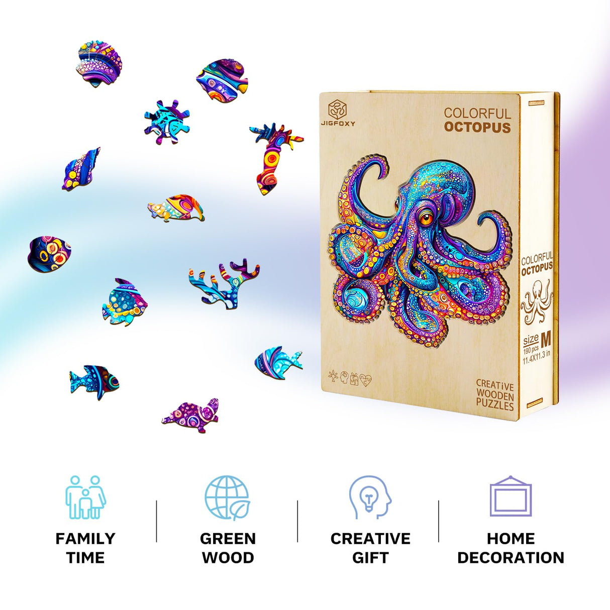 Jigfoxy Wooden Puzzles for Adults, Octopus Wood Puzzles Adult, Unique Animal Shape Wooden Jigsaw Puzzles for Adults, Birthday Gifts for Puzzle Lovers, Family (S-8.5 * 8.4in-100pcs) Jigfoxy