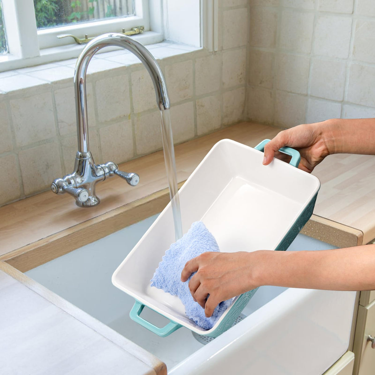 Okllen Set of 3 Casserole Dishes for Oven, Ceramic Baking Dishes with Handles, Rectangular Lasagna Pan Bakeware Set for Baking Cooking, Roasting, Broiling, Gratin, Wedding & Housewarming Gift, Blue Okllen