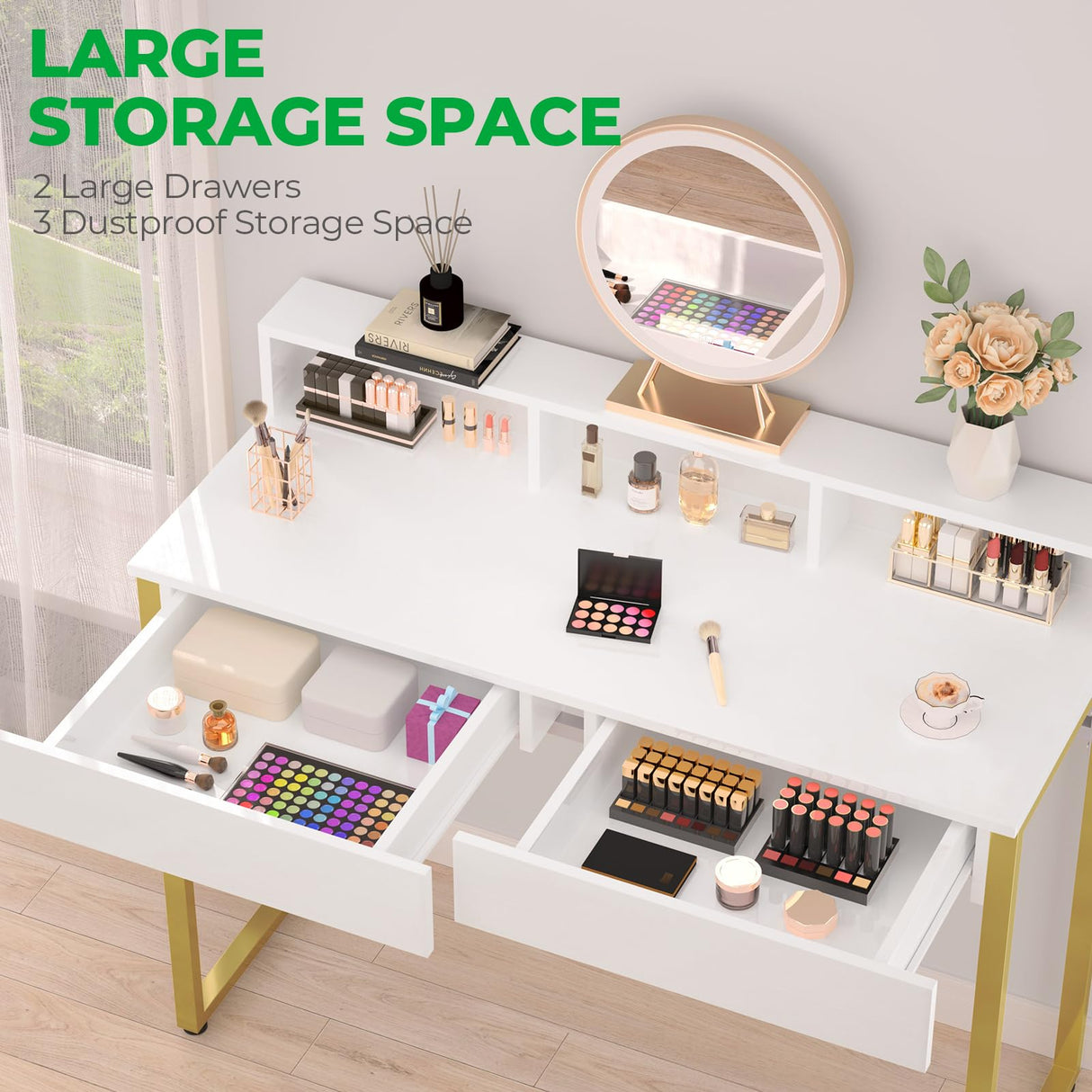 GreenForest Vanity Desk with 2 Drawers, White Makeup Desk with 3 Storage Spaces, 40 inch Small Desk with Gold Metal Legs, Modern Home Office Desk for Kids, Bedroom (No Mirror) GreenForest