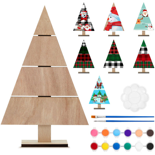 Soaoo 8 Pcs Christmas Standing Wood Pallet Christmas Tree Unfinished DIY Wooden Ornaments Kit Rustic Wooden Crafts 12 Colors Pigment Palettes and Paint Brushes(11.81 x 7.48 Inch)