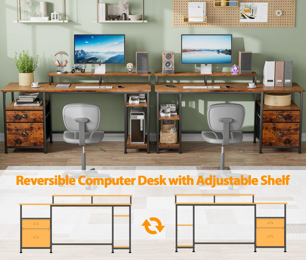 Furologee 61" Desk with Fabric File Drawer, Reversible Computer Desk with Shelves and Drawer, Industrial Writing Desk with Monitor Stand, Long Study Table Workstation for Home Office, Rustic Brown Furologee