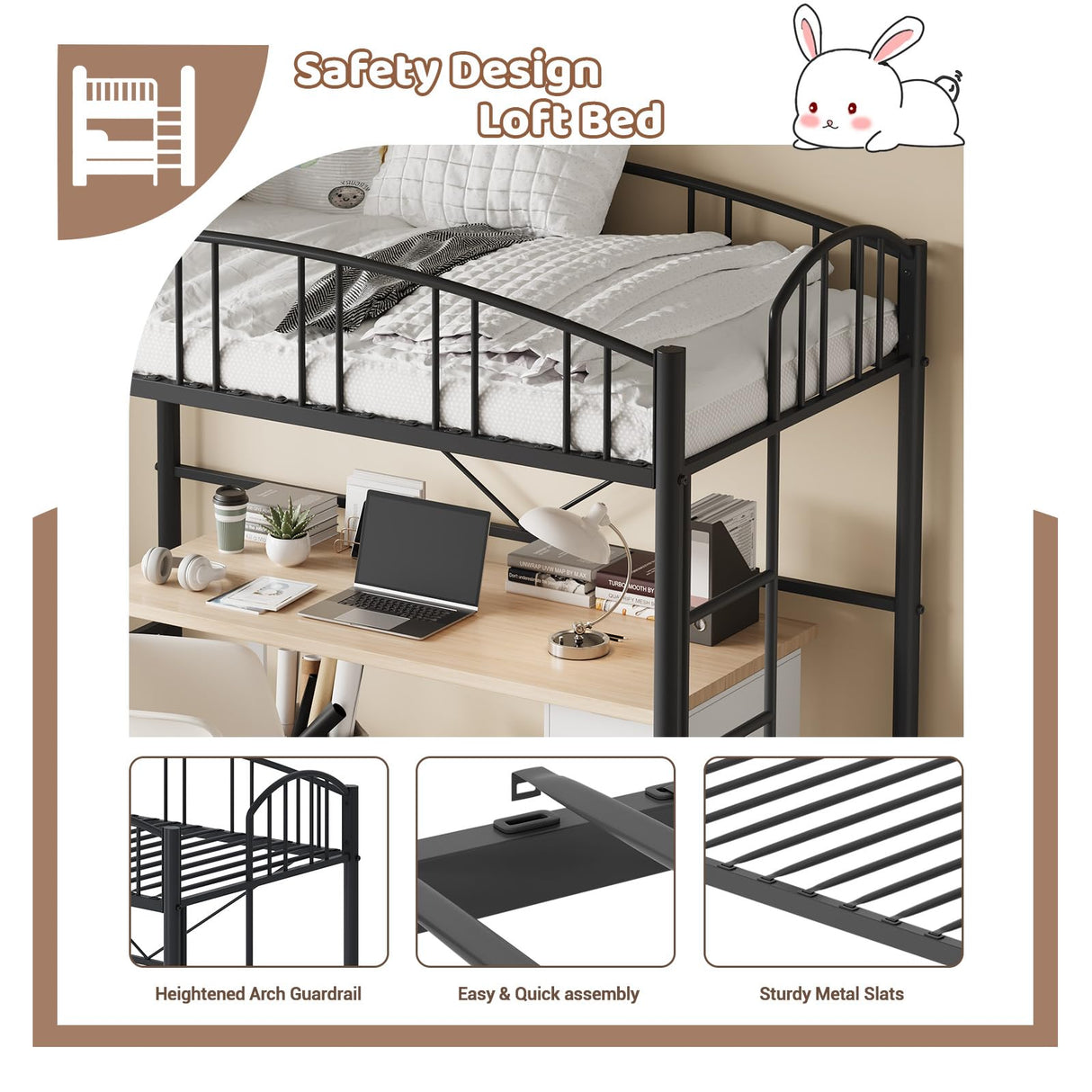Garvee Loft Bed Twin Size with Ladde and Arched Guardrail, Heavy Duty Metal Loft Bed Frame for Kids and Adults, Sturdy Steel Slats Support, Small Space Saving Design, No Box Spring Needed, Black Garvee