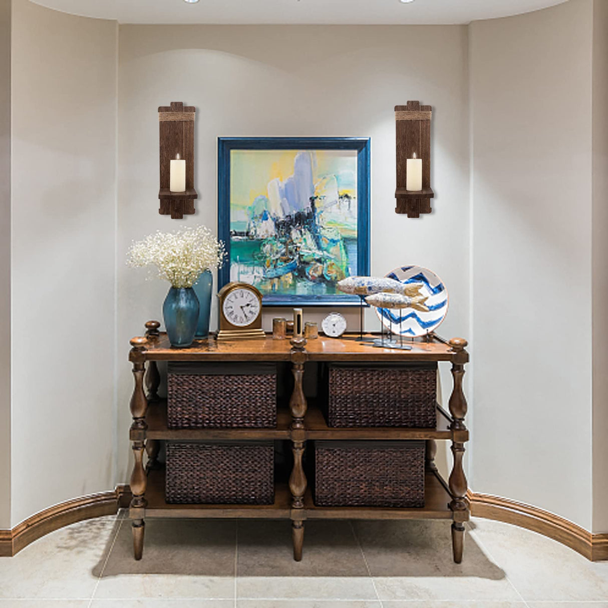 2Pcs Rustic Wall Hanging Candle Sconces- Farmhouse Wall Mounted Wooden Candle Holders for Flower Vase- Handmade Hanging Wall Sconces for Bedroom Living Room Kitchen Bathroom (Brown) Alphatool