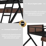 Twin Over Full Size Bunk Bed with Storage Shelves and LED Lights,Heavy Duty Adult Bunk Beds with Angled Ladder,Metal Bunk Bed Twin Over Full,Black Bellemave