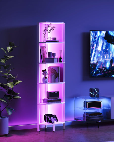 CHOEZON LED Corner Shelf with Lights, 5-Tier Diamond Shape Bookshelf, Standing Narrow Storage Organizer for Living Room, Bedroom, Office, Study, White MCJ03DWB CHOEZON